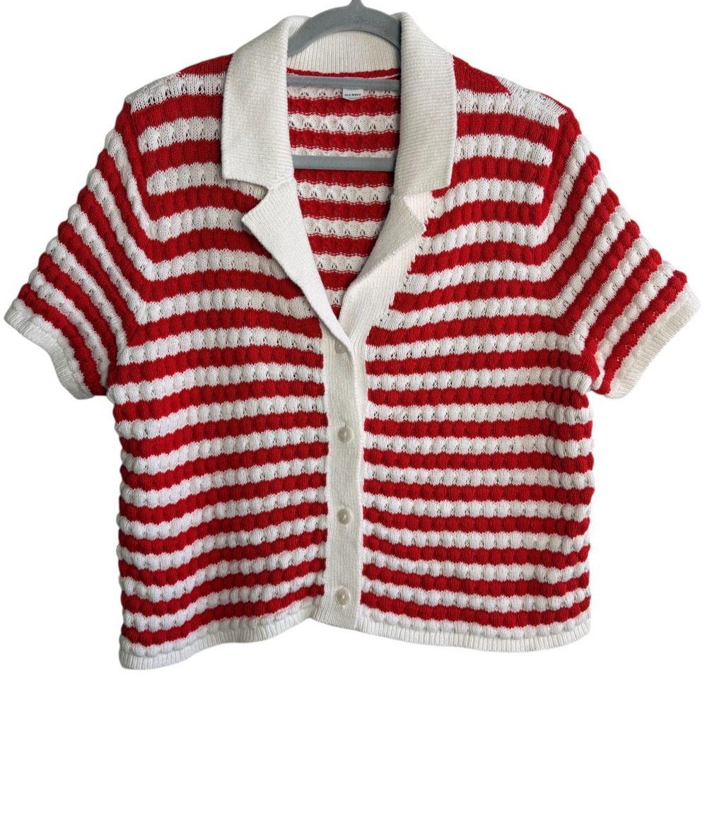 Old Navy Stripe Bubble Knit Collared Button Front Crop Top Short Sleeve L Petite